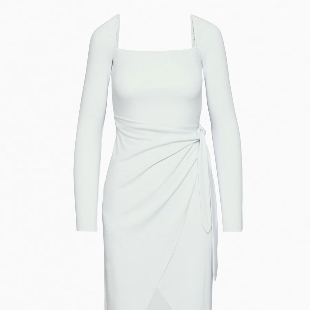 Aritzia Saturn Longsleeve Midi Dress in Frozen Grey; jersey wrap bluish; wrap